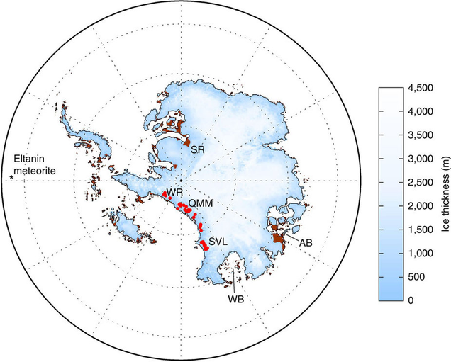 Modeled configuration of Antarctica during the Pliocene, with diatom-bearing mountains highlighted in red. Image: Scherer et al. 2016.